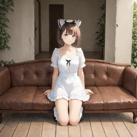 ukiyo-e style, brown hair, light blue eyes, bob cut, asymmetric bangs, ahoge, fake cat ears, small breasts
BREAK full body, lace overlay dress, u-neck lace design, breast cutout, short lace sleeves, short skirt with lace trim, black ribbon, Mary Janes, ruffled socks, shiny shoes
BREAK kneeling on an old couch inside a natural tunnel made of leaves, train tracks, sunlight visible through leaves, dappled sunlight, leaf tunnel, moss, grass, red couch, kneeling