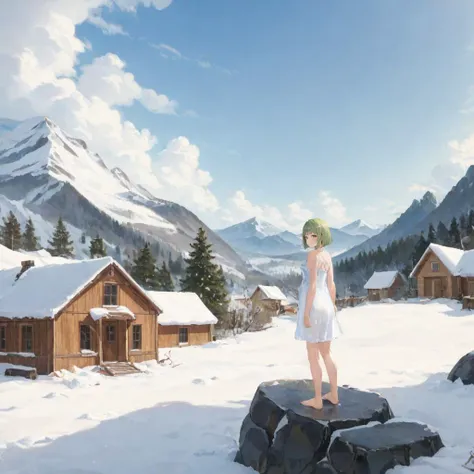 oil painting, (art by Monet:1.4), light green hair, green eyes, bob cut, blunt bangs
BREAK full body, babydoll, barefoot
BREAK standing on a warm rock near a hot spring, steam, winter landscape, train in the distance, mountains, cabin on the mountain, bicycle with skis next to the cabin, deep snow, footprints in the snow, clouds