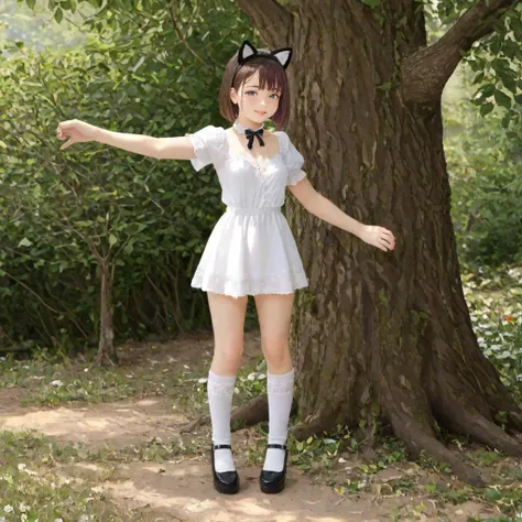 ukiyo-e style, brown hair, light blue eyes, bob cut, asymmetric bangs, ahoge, fake cat ears, small breasts
BREAK full body, lace overlay dress, u-neck lace design, breast cutout, short lace sleeves, short skirt with lace trim, black ribbon, Mary Janes, ruffled socks, shiny shoes
BREAK standing on a tree stump, ancient forest, dappled sunlight, natural staircase made out of tree roots, moss, dense foliage, raspberries, raspberry plants, white flowers, standing on one leg, outstretched arms, surprised, mouth open