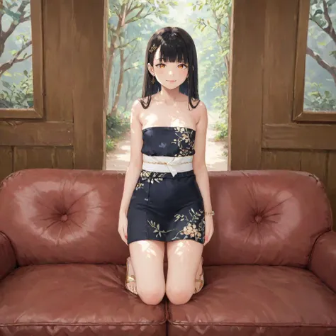 photorealistic oil painting, long hair, black hair, orange eyes, flat chest, blunt bangs
BREAK full body, strapless gown, black kimono with gold trim, white sash, zouri, tabi, floral patterns, gold hair ornaments, golden sandals, anklet, bracelet, earrings, floral hair accessories
BREAK kneeling on an old couch inside a natural tunnel made of leaves, train tracks, sunlight visible through leaves, dappled sunlight, leaf tunnel, moss, grass, red couch, kneeling