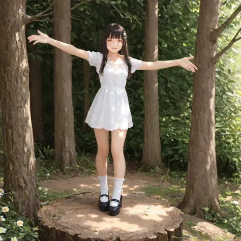 photorealistic oil painting, long hair, black hair, orange eyes, flat chest, blunt bangs
BREAK full body, lace overlay dress, u-neck lace design, breast cutout, short lace sleeves, short skirt with lace trim, black ribbon, Mary Janes, ruffled socks, shiny shoes
BREAK standing on a tree stump, ancient forest, dappled sunlight, natural staircase made out of tree roots, moss, dense foliage, raspberries, raspberry plants, white flowers, standing on one leg, outstretched arms, surprised, mouth open