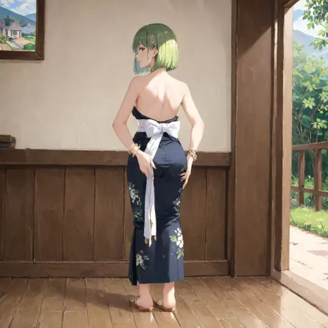 oil painting, (art by Monet:1.4), light green hair, green eyes, bob cut, blunt bangs
BREAK full body, strapless gown, black kimono with gold trim, white sash, zouri, tabi, floral patterns, gold hair ornaments, golden sandals, anklet, bracelet, earrings, floral hair accessories
BREAK (from behind, looking over shoulder, hand on own butt:1.2), inside a bus, blue seats, streets, cars, houses, windows, windmill on a hill, handrails, natural lighting, half-closed eyes