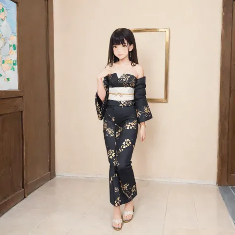 photorealistic oil painting, long hair, black hair, orange eyes, flat chest, blunt bangs
BREAK full body, strapless gown, black kimono with gold trim, white sash, zouri, tabi, floral patterns, gold hair ornaments, golden sandals, anklet, bracelet, earrings, floral hair accessories
BREAK from side, inside a mall, shiny floor, department store, shop logos, potted plants, skylight, glass doors, standing next to a map encased in glass, pointing at the map