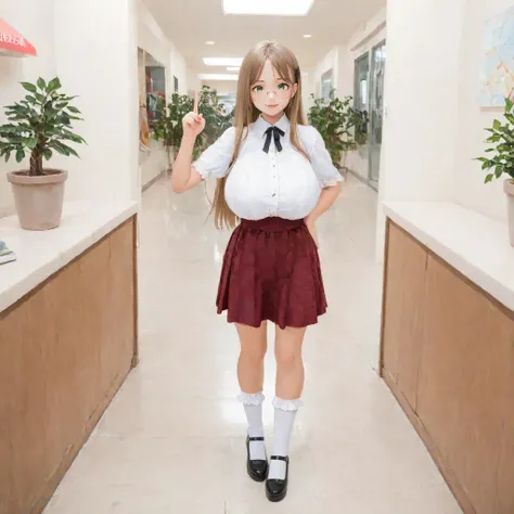 Victorian, anime, watercolor, light brown hair, very long hair, parted bangs, green eyes, (glasses:1.2), huge breasts
BREAK full body, lace overlay dress, u-neck lace design, breast cutout, short lace sleeves, short skirt with lace trim, black ribbon, Mary Janes, ruffled socks, shiny shoes
BREAK from side, inside a mall, shiny floor, department store, shop logos, potted plants, skylight, glass doors, standing next to a map encased in glass, pointing at the map