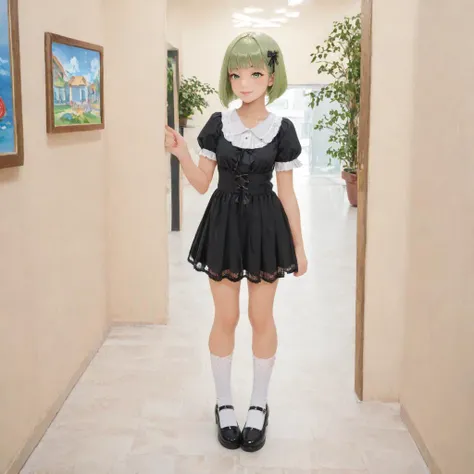 oil painting, (art by Monet:1.4), light green hair, green eyes, bob cut, blunt bangs
BREAK full body, lace overlay dress, u-neck lace design, breast cutout, short lace sleeves, short skirt with lace trim, black ribbon, Mary Janes, ruffled socks, shiny shoes
BREAK from side, inside a mall, shiny floor, department store, shop logos, potted plants, skylight, glass doors, standing next to a map encased in glass, pointing at the map
