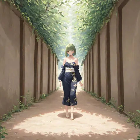 oil painting, (art by Monet:1.4), light green hair, green eyes, bob cut, blunt bangs
BREAK full body, strapless gown, black kimono with gold trim, white sash, zouri, tabi, floral patterns, gold hair ornaments, golden sandals, anklet, bracelet, earrings, floral hair accessories
BREAK walking in a (circular tunnel, tunnel made of leaves, railroad tracks:1.25), dappled sunlight, moss, grass, gravel, natural tunnel