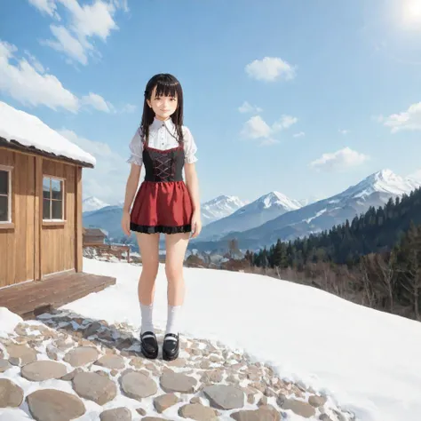 photorealistic oil painting, long hair, black hair, orange eyes, flat chest, blunt bangs
BREAK full body, lace overlay dress, u-neck lace design, breast cutout, short lace sleeves, short skirt with lace trim, black ribbon, Mary Janes, ruffled socks, shiny shoes
BREAK standing on a warm rock near a hot spring, steam, winter landscape, train in the distance, mountains, cabin on the mountain, bicycle with skis next to the cabin, deep snow, footprints in the snow, clouds