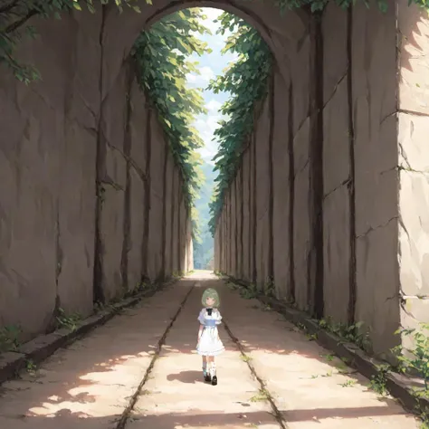 oil painting, (art by Monet:1.4), light green hair, green eyes, bob cut, blunt bangs
BREAK full body, lace overlay dress, u-neck lace design, breast cutout, short lace sleeves, short skirt with lace trim, black ribbon, Mary Janes, ruffled socks, shiny shoes
BREAK walking in a (circular tunnel, tunnel made of leaves, railroad tracks:1.25), dappled sunlight, moss, grass, gravel, natural tunnel