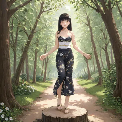 photorealistic oil painting, long hair, black hair, orange eyes, flat chest, blunt bangs
BREAK full body, strapless gown, black kimono with gold trim, white sash, zouri, tabi, floral patterns, gold hair ornaments, golden sandals, anklet, bracelet, earrings, floral hair accessories
BREAK standing on a tree stump, ancient forest, dappled sunlight, natural staircase made out of tree roots, moss, dense foliage, raspberries, raspberry plants, white flowers, standing on one leg, outstretched arms, surprised, mouth open
