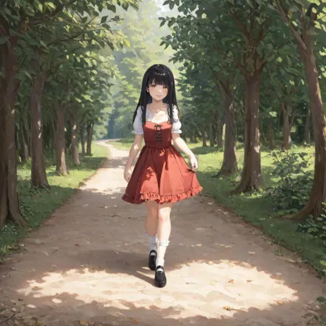 photorealistic oil painting, long hair, black hair, orange eyes, flat chest, blunt bangs
BREAK full body, lace overlay dress, u-neck lace design, breast cutout, short lace sleeves, short skirt with lace trim, black ribbon, Mary Janes, ruffled socks, shiny shoes
BREAK walking in a (circular tunnel, tunnel made of leaves, railroad tracks:1.25), dappled sunlight, moss, grass, gravel, natural tunnel