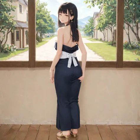 photorealistic oil painting, long hair, black hair, orange eyes, flat chest, blunt bangs
BREAK full body, strapless gown, black kimono with gold trim, white sash, zouri, tabi, floral patterns, gold hair ornaments, golden sandals, anklet, bracelet, earrings, floral hair accessories
BREAK (from behind, looking over shoulder, hand on own butt:1.2), inside a bus, blue seats, streets, cars, houses, windows, windmill on a hill, handrails, natural lighting, half-closed eyes