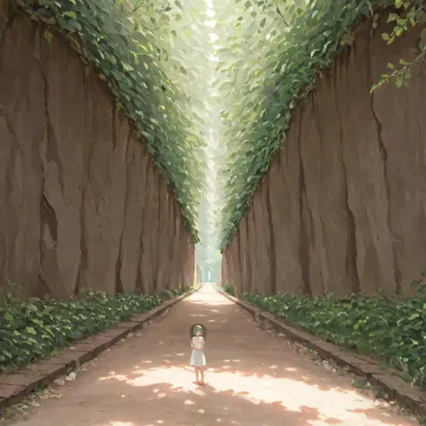 oil painting, (art by Monet:1.4), light green hair, green eyes, bob cut, blunt bangs
BREAK full body, babydoll, barefoot
BREAK walking in a (circular tunnel, tunnel made of leaves, railroad tracks:1.25), dappled sunlight, moss, grass, gravel, natural tunnel