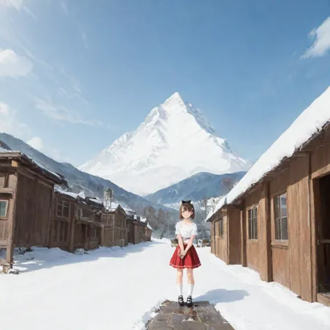 ukiyo-e style, brown hair, light blue eyes, bob cut, asymmetric bangs, ahoge, fake cat ears, small breasts
BREAK full body, lace overlay dress, u-neck lace design, breast cutout, short lace sleeves, short skirt with lace trim, black ribbon, Mary Janes, ruffled socks, shiny shoes
BREAK standing on a warm rock near a hot spring, steam, winter landscape, train in the distance, mountains, cabin on the mountain, bicycle with skis next to the cabin, deep snow, footprints in the snow, clouds