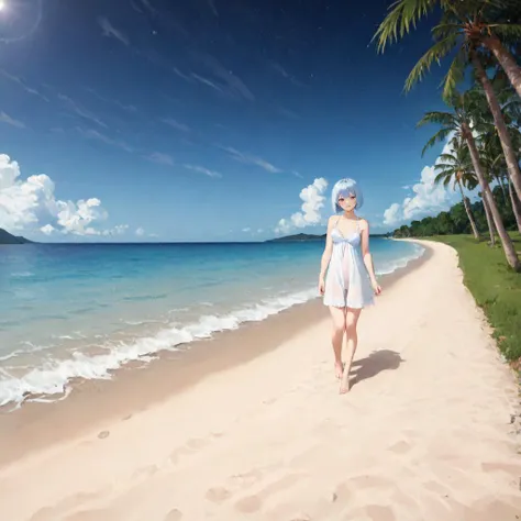 Ayanami Rei, bob cut, blue hair, red eyes
BREAK full body, babydoll, barefoot
BREAK beachside apartment complex, palm trees, paved path, boardwalk, crashing waves, nighttime, street lamps, full moon, starry sky