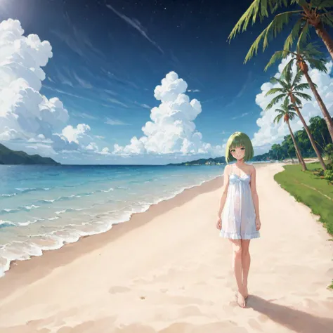 1girl, solo, oil painting, (art by Monet:1.4), light green hair, green eyes, bob cut, blunt bangs
BREAK full body, babydoll, barefoot
BREAK beachside apartment complex, palm trees, paved path, boardwalk, crashing waves, nighttime, street lamps, full moon, starry sky