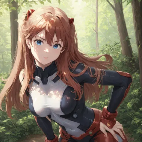 1girl, solo, Asuka Langley, bodysuit, standing in a forest, hands on hips, leaning forward, riverside, dappled sunlight, slightly annoyed, red hair, two-side up, blue eyes