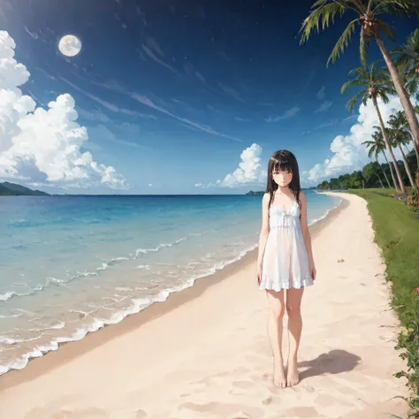 Victorian oil painting, long hair, black hair, orange eyes, flat chest, blunt bangs
BREAK full body, babydoll, barefoot
BREAK beachside apartment complex, palm trees, paved path, boardwalk, crashing waves, nighttime, street lamps, full moon, starry sky