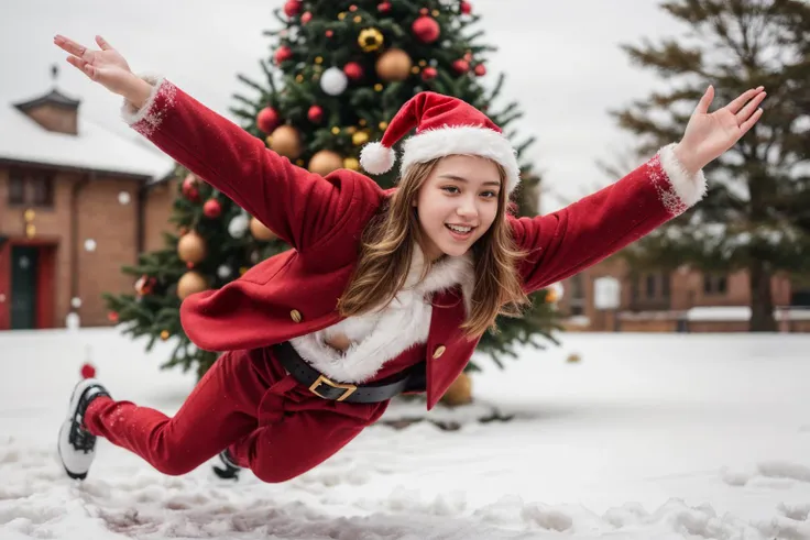 full body,photo of a 18 year old girl,diving from the sky,happy,laughing,Santa Clausâs outfit,Red Coat,Red Hat,Red Trousers,Black Belt,Black Boots,White Gloves,christmas theme,Christmas tree,snowman,outdoor,windy,heavy snow,detail background,ray tracing,detail shadow,shot on Fujifilm X-T4,85mm f1.2,sharp focus,depth of field,blurry background,bokeh,lens flare,motion blur,<lora:add_detail:1>,