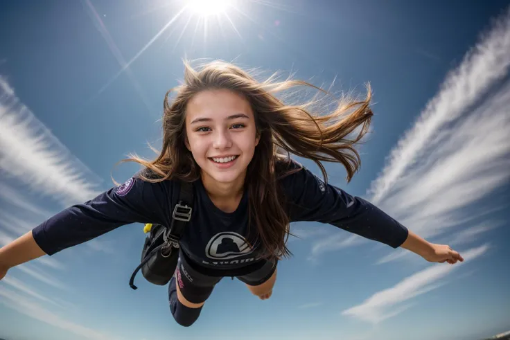 full body,photo of a 18 year old girl,diving from the sky,happy,laughing,ray tracing,detail shadow,shot on Fujifilm X-T4,85mm f1.2,sharp focus,depth of field,blurry background,bokeh,lens flare,motion blur,<lora:add_detail:1>,