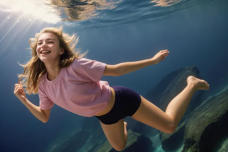 1990s,photo of a 18 year old girl,diving from the sky,happy,laughing,ray tracing,detail shadow,shot on Fujifilm X-T4,85mm f1.2,depth of field,bokeh,motion blur,<lora:add_detail:1>,