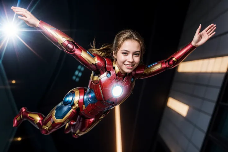 Marvel s,full body,photo of a 18 year old girl,ironman,diving from the sky,happy,laughing,ray tracing,detail shadow,shot on Fujifilm X-T4,85mm f1.2,sharp focus,depth of field,blurry background,bokeh,lens flare,motion blur,<lora:add_detail:1>,