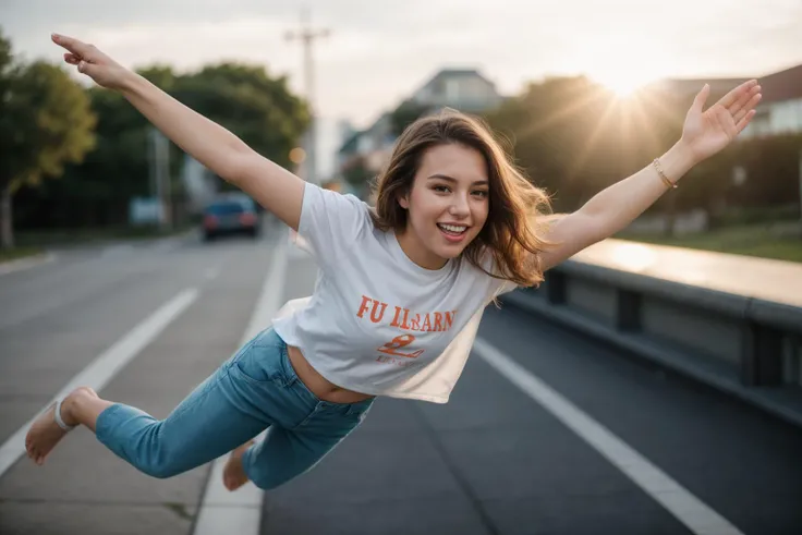 full body,photo of a 25 year old girl,diving from the sky,happy,laughing,shirt,pants,ray tracing,detail shadow,shot on Fujifilm X-T4,85mm f1.2,sharp focus,depth of field,blurry background,bokeh,lens flare,motion blur,<lora:add_detail:1>,