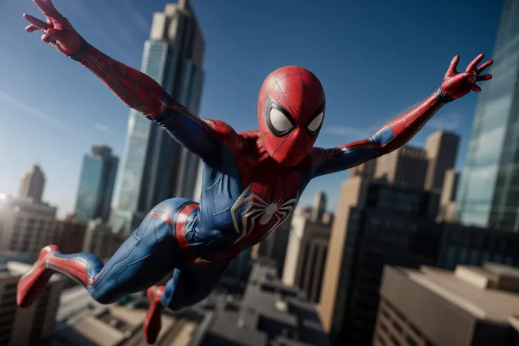 Marvel s,full body,photo of a 18 year old girl,spiderman,diving from the sky,happy,laughing,ray tracing,detail shadow,shot on Fujifilm X-T4,85mm f1.2,sharp focus,depth of field,blurry background,bokeh,lens flare,motion blur,<lora:add_detail:1>,