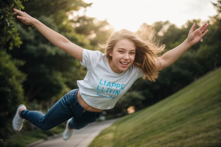full body,photo of a 18 year old girl,diving from the sky,happy,laughing,shirt,pants,ray tracing,detail shadow,shot on Fujifilm X-T4,85mm f1.2,sharp focus,depth of field,blurry background,bokeh,lens flare,motion blur,<lora:add_detail:1>,