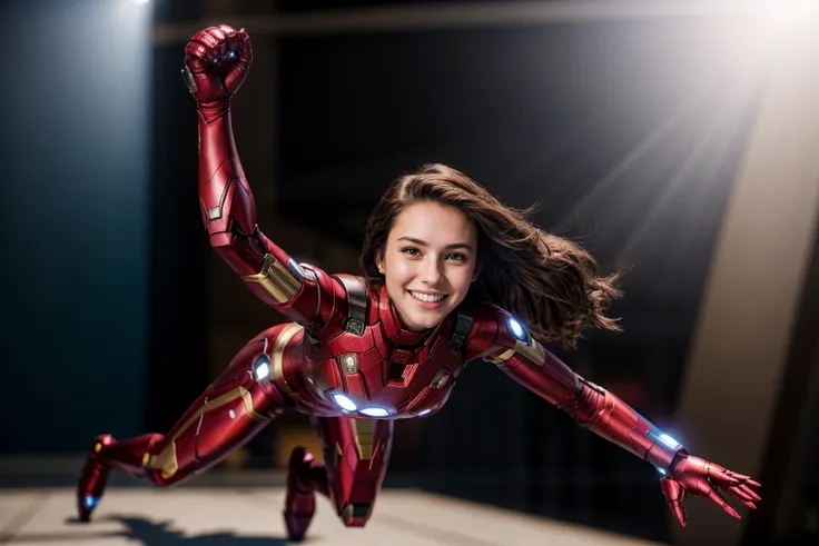 Marvel movies,full body,photo of a 18 year old girl,ironman,diving from the sky,happy,laughing,ray tracing,detail shadow,shot on Fujifilm X-T4,85mm f1.2,sharp focus,depth of field,blurry background,bokeh,motion blur,<lora:add_detail:1>,