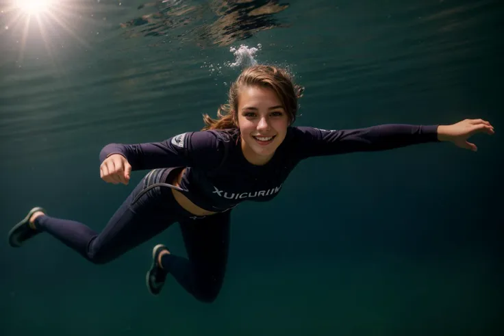 photo of a 18 year old girl,diving from the sky,happy,shirt,pants,ray tracing,detail shadow,shot on Fujifilm X-T4,85mm f1.2,sharp focus,depth of field,blurry background,bokeh,motion blur,<lora:add_detail:1>,