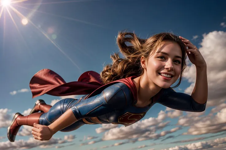 DC s,full body,photo of a 18 year old girl,supergirl,diving from the sky,happy,laughing,ray tracing,detail shadow,shot on Fujifilm X-T4,85mm f1.2,sharp focus,depth of field,blurry background,bokeh,lens flare,motion blur,<lora:add_detail:1>,