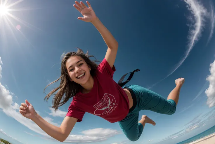 full body,photo of a 18 year old girl,diving from the sky,happy,laughing,shirt,pants,ray tracing,detail shadow,shot on Fujifilm X-T4,85mm f1.2,sharp focus,depth of field,blurry background,bokeh,lens flare,motion blur,<lora:add_detail:1>,
