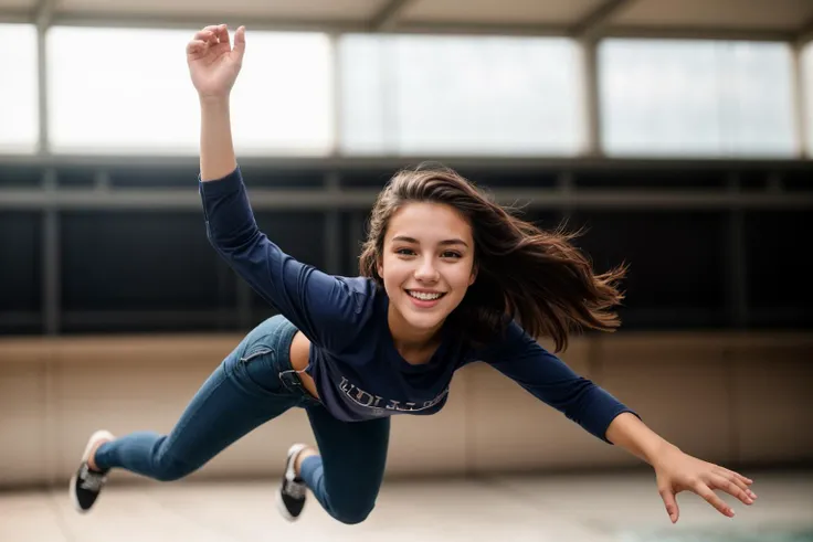 full body,photo of a 18 year old girl,diving from the sky,happy,laughing,shirt,pants,ray tracing,detail shadow,shot on Fujifilm X-T4,85mm f1.2,sharp focus,depth of field,blurry background,bokeh,motion blur,<lora:add_detail:1>,