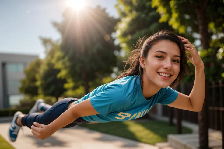 full body,photo of a 18 year old girl,diving from the sky,happy,laughing,shirt,pants,ray tracing,detail shadow,shot on Fujifilm X-T4,85mm f1.2,sharp focus,depth of field,blurry background,bokeh,lens flare,motion blur,<lora:add_detail:1>,