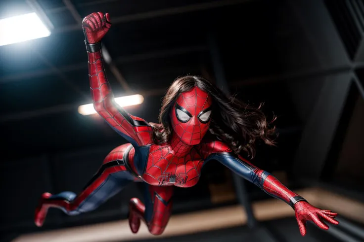 Marvel s,full body,photo of a 18 year old girl,spiderman,diving from the sky,happy,laughing,ray tracing,detail shadow,shot on Fujifilm X-T4,85mm f1.2,sharp focus,depth of field,blurry background,bokeh,motion blur,<lora:add_detail:1>,