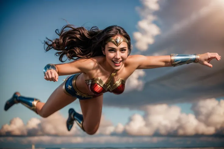DC s,photo of a 18 year old girl,wonder woman,diving from the sky,happy,laughing,ray tracing,detail shadow,shot on Fujifilm X-T4,85mm f1.2,sharp focus,depth of field,blurry background,bokeh,motion blur,<lora:add_detail:1>,
