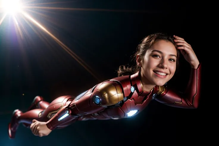 Marvel s,full body,photo of a 18 year old girl,ironman,diving from the sky,happy,laughing,ray tracing,detail shadow,shot on Fujifilm X-T4,85mm f1.2,sharp focus,depth of field,blurry background,bokeh,lens flare,motion blur,<lora:add_detail:1>,