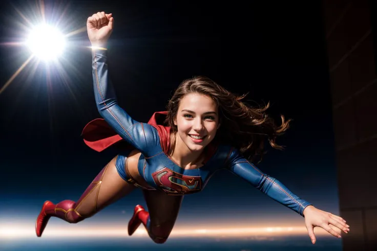 DC s,full body,photo of a 18 year old girl,supergirl,diving from the sky,happy,laughing,pants,ray tracing,detail shadow,shot on Fujifilm X-T4,85mm f1.2,sharp focus,depth of field,blurry background,bokeh,motion blur,<lora:add_detail:1>,