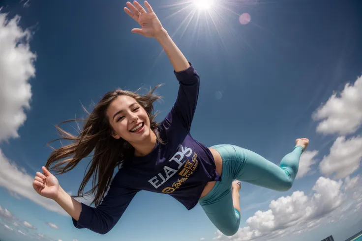 full body,photo of a 25 year old girl,diving from the sky,happy,laughing,shirt,pants,ray tracing,detail shadow,shot on Fujifilm X-T4,85mm f1.2,sharp focus,depth of field,blurry background,bokeh,lens flare,motion blur,<lora:add_detail:1>,