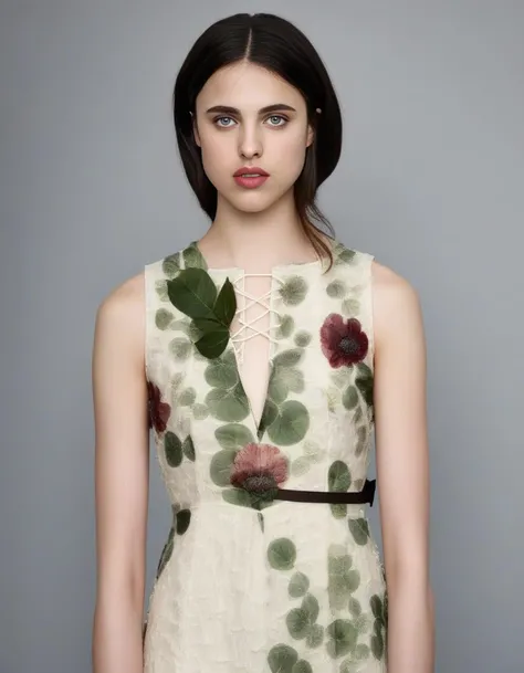 SarahMargaretQualley,<lora:SarahMargaretQualleySDXL:1>,Generate a fashion concept inspired by the elegance of botanical elements. Envision clothing designs that incorporate floral patterns, organic textures, and natural color palettes. Consider how this collection captures the essence of nature in a sophisticated and wearable way