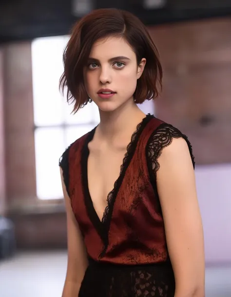 SarahMargaretQualley,<lora:SarahMargaretQualleySDXL:1>,An image of a woman with a side-parted, wavy burgundy bob haircut and brown eyes. Her fair skin is complemented with natural makeup. She wears a black lace top with a floral design over a rust-colored garment. The setting is a soft-focus urban backdrop, suggesting depth and atmosphere behind her. (((masterpiece)))