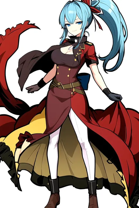 masterpiece, best quality, 1girl, solo, ponytail, blue hair, military uniform, closed mouth, blue eyes, short sleeves, (((full body))), (smug:1.2), <lora:tb:1>, (standing visual novel sprite), ((((((white background:1.2)))))), ((((simple background:1.4)))), large breasts