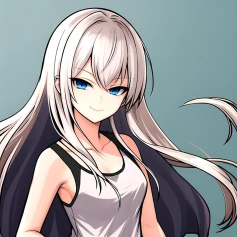 masterpiece, best quality, 1girl, solo, white hair, long hair, tank top, closed mouth, blue eyes, short sleeves, smile, upper body, (smug:1.2),  <lora:tb:1>, visual novel sprite, white background,