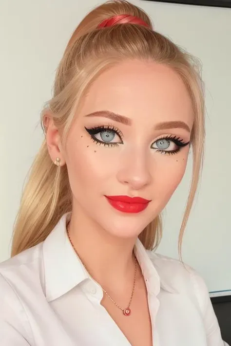 photo of a woman, <lora:sophiadiamond-08:0.5>, sophiadiamond,((ponytail)) ((necktie, shirt, blonde hair)), ((closeup, portrait)),((whiteboard, conference room)),smiling, ((red lipstick, eyeliner, eye shadow, blush)), ((best quality, masterpiece, extreme details, high resolution):1.2),((detailed eyes, beautiful eyes, detailed face, beautiful face):1.2)