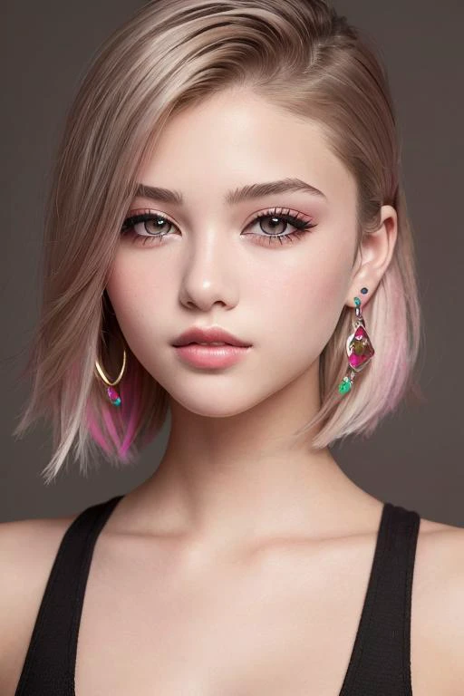 beautiful girl, brown_eyes, ((beautiful slim age girl 18 year old, hair color [Brown highlights hair], [undercut pixie] hair)), earrings, lips, realistic, narrow waist, charming, pink lipstick, colorful makeup, long eyelashes, earrings, wearing eyeliner, fair skin, (cute), (detailed face), detailed eyes, detailed iris