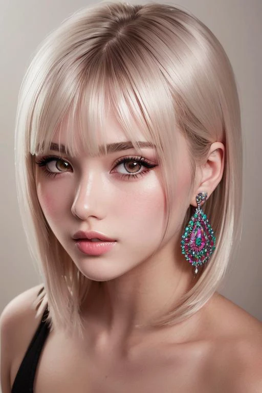 beautiful girl, brown_eyes, ((beautiful slim age girl 18 year old, hair color [Platinum blonde hair], [micro bangs] hair)), earrings, lips, realistic, narrow waist, charming, pink lipstick, colorful makeup, long eyelashes, earrings, wearing eyeliner, fair skin, (cute), (detailed face), detailed eyes, detailed iris