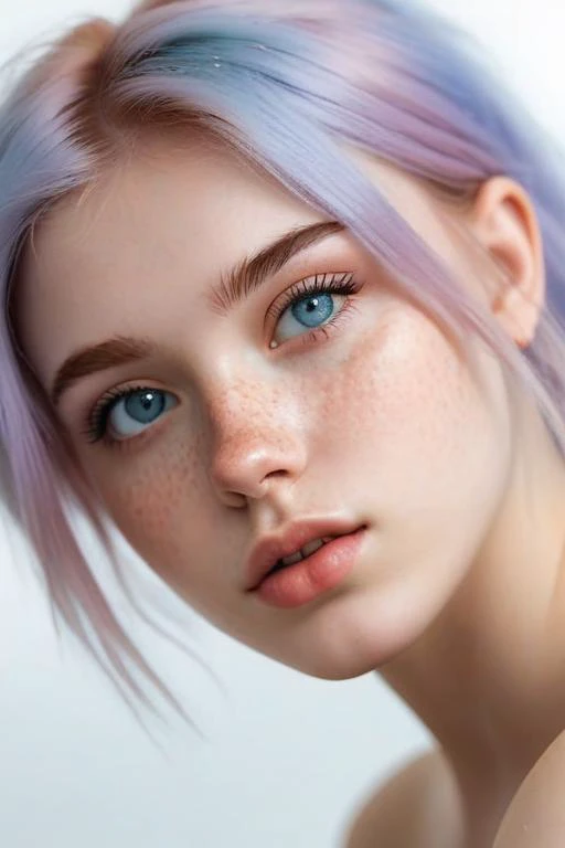 photo of beautiful age 18 girl, pastel hair, freckles sexy, beautiful, close up, young, dslr, 8k, 4k, ultrarealistic, realistic, natural skin, textured skin