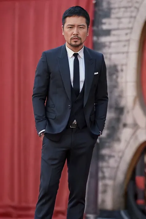a men as a movie star, (portrait:1.2), (half body:1.2),(face focus:1),  modelshoot style, (extremely detailed CG unity 8k wallpaper), Intricate, High Detail, Sharp focus, dramatic,((movie premiere gala)), ((standing on the red carpet)), ((paparazzi in the background)), (looking at viewer), (detailed pupils:1.2), (elegant suit:1.3) <lora:chenlong:0.8>