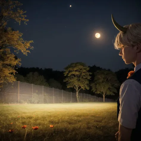 <lora:TheNightFeeling2:1.0>, thenightfeeling,a full moon is seen above a tree in a field at night time with a fence and grass area, 1boy, animal, artist name, backlighting, bangs, bird, blonde hair, bridal gauntlets, fingernails, grey background, hair between eyes, hair ribbon, holding, horns, inanome me, japanese clothes, kariginu, light particles, lips, looking at viewer, makeup, male focus, motion blur, oni horns, orange eyes, petals, pinwheel, ponytail, portrait, ribbon, shade, sharp fingernails, white ribbon