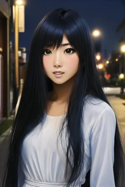 ((masterpiece)),(best quality), absurdres,sadako_yamamura, white dress,  <lora:thenightfeeling_v10:1>,thenightfeeling, night city street,  1girl, cowboy shot, upperbody, closeup, <lora:Sadakobest:0.7>, cute face, semi-realistic face,